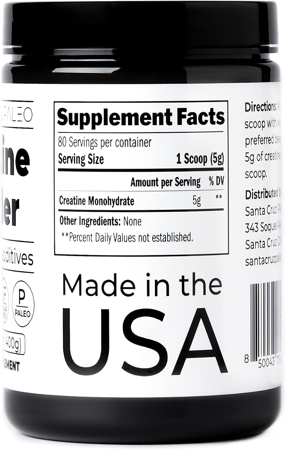 Santa Cruz Paleo, Creatine Monohydrate Powder Micronized, Unflavored Pre Workout and Muscle Support Supplement, Gluten Free Keto, Mix with Water or Shakes, No Fillers or Additives, 80 Servings, 400g