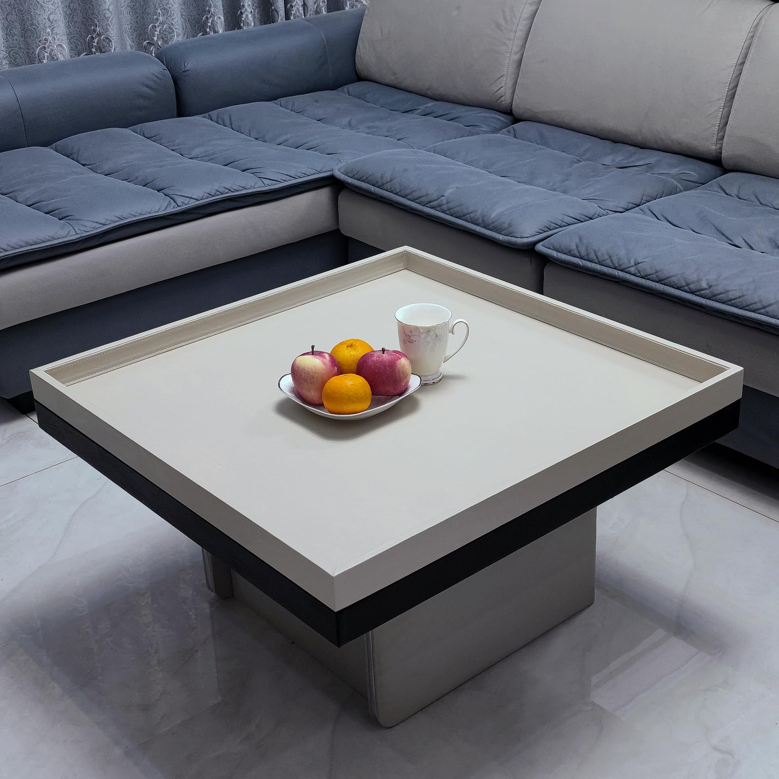 20x20 Inch Square Ottoman Tray - Faux Leather Large Serving Tray for Couch/Coffee Table, Family Dinner, Picnic, Party Decor (Beige)