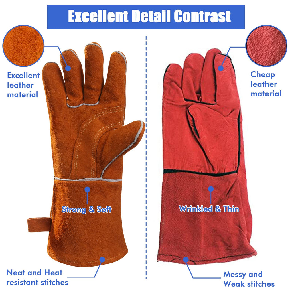 QeeLink Welding Gloves - Heat Resistant Leather and Fireproof Stitching for Fireplace Fire Pit Wood Stove BBQ Gardening Gear