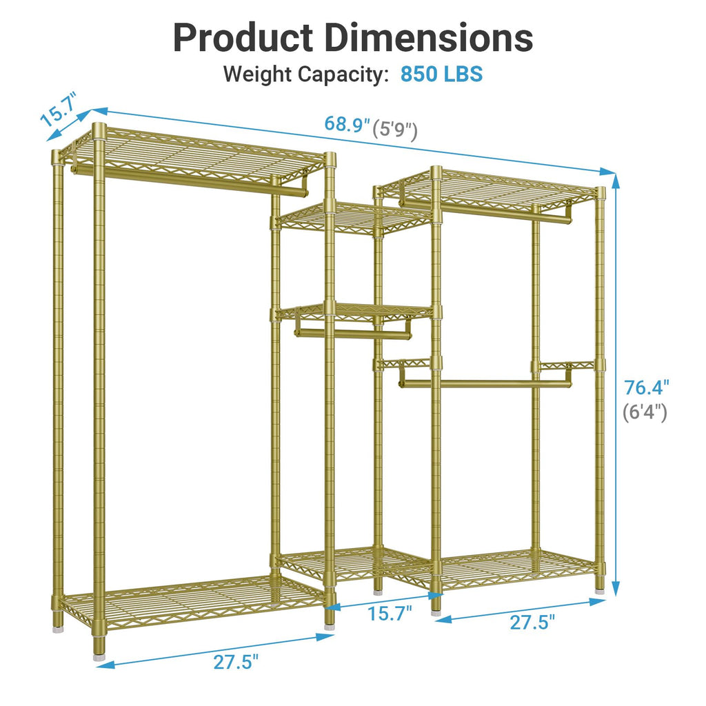 VIPEK Classic V6 Heavy Duty Clothes Rack, 7-Tier Garment Rack with Adjustable Shelves, Portable Closet Organizer with 4 Hanging Rods, Space-Saving, 850lbs Capacity, 68.9" L x 15.7" W x 76.4" H, Black