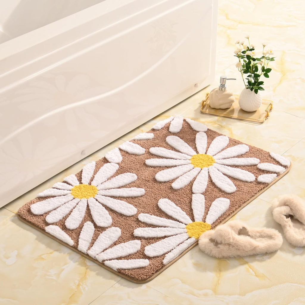 QJHOMO Beige Bathroom Rugs Cute Daisy Bath Mat White and Yellow Flower Decor Rug Non Slip Floor Carpet Microfiber Bathmat Super Absorbent Machine Washable Bathtub Mats for Shower (16x24 inch)