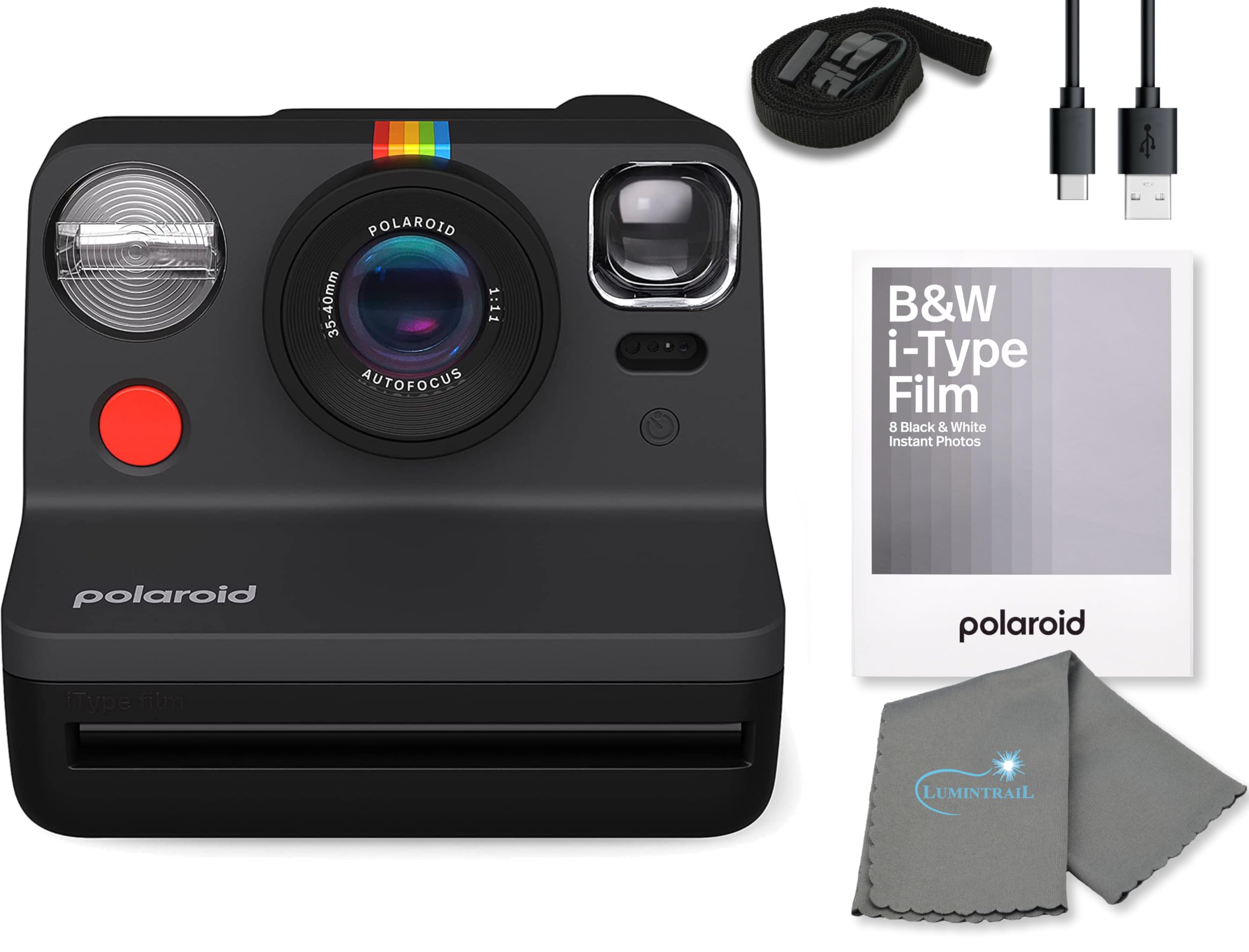 Polaroid Gen 2 Now I-Type Instant Film Camera - Black & White Bundle with a Color i-Type Film Pack (8 Instant Photos) and a Cleaning Cloth