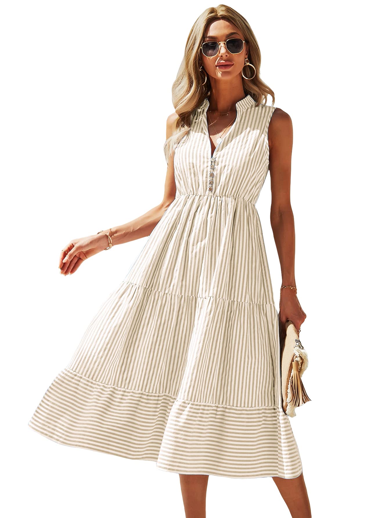 Floerns Women's Striped Print Notched Neck Sleeveless Ruffle A Line Midi Dress