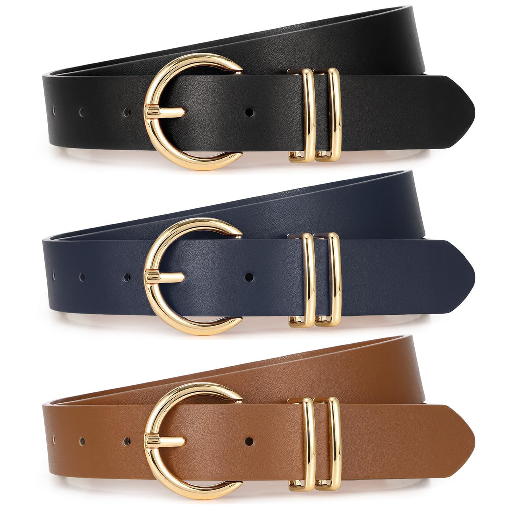 XZQTIVE 3 Pack Women Belts For Jeans Dresses Pants Ladies Leather Waist Belt with Gold Buckle