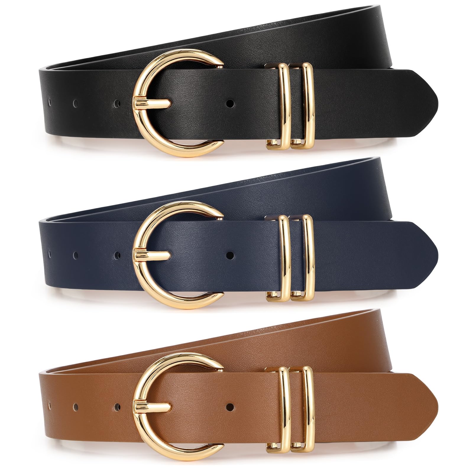 XZQTIVE 3 Pack Women Belts For Jeans Dresses Pants Ladies Leather Waist Belt with Gold Buckle