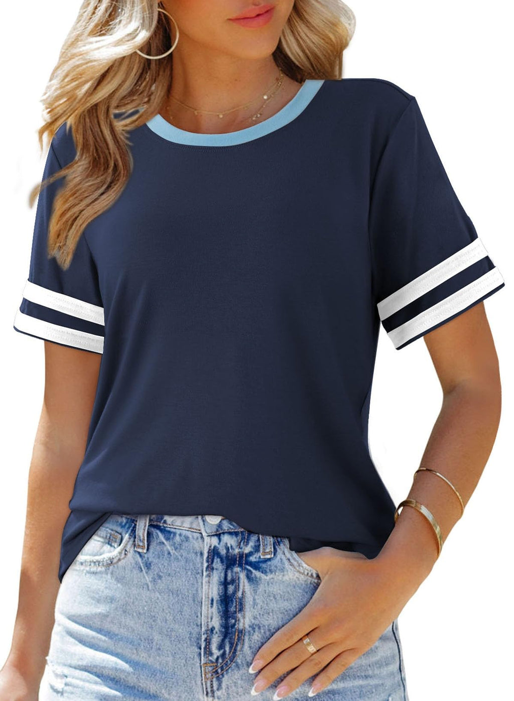 SHEWIN Women's Fashion Casual Crewneck Color Block T Shirts Short Sleeve Summer Tops Tees Slim Fit