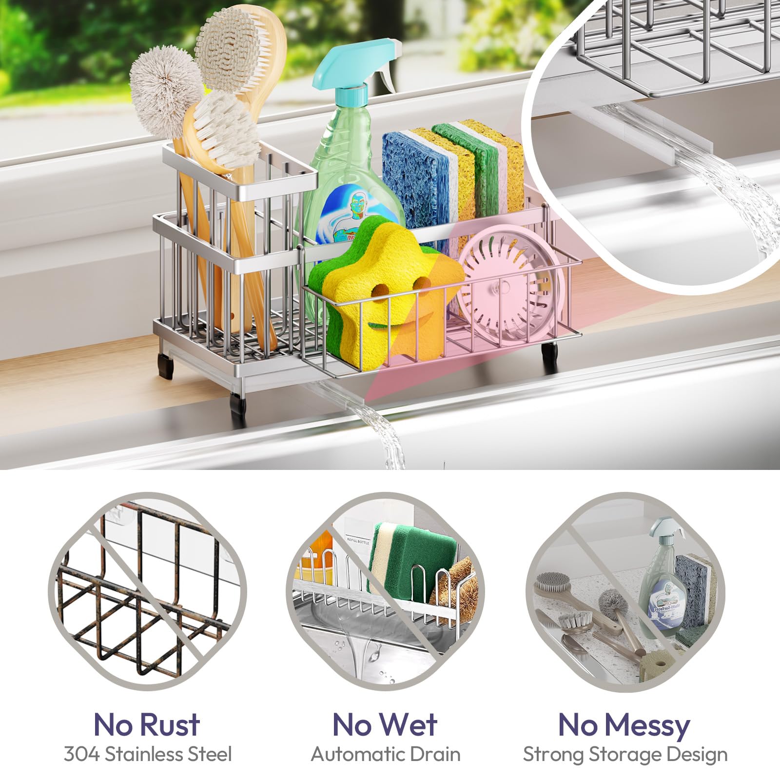 SWTYMIKI Sponge Holder for Kitchen Sink - Sink Caddy with Brush Holder Self-draining Sponge Caddy Organizer with Divider Stainless Steel Kitchen Accessories Storage for Countertop, Black
