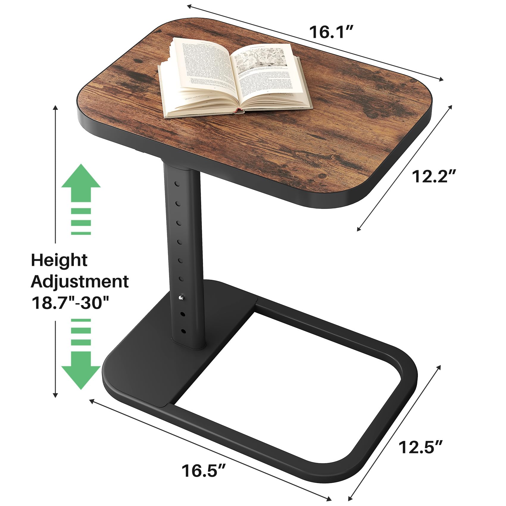 Kitstorack TV Tray Table, Adjustable Height & Rounded Metal Corners, Snack Table for Couch, Sofa, Bed, Chair, Living Room, C Shaped End Side Table for Eating, Dinner or Laptop, Small Spaces, Black