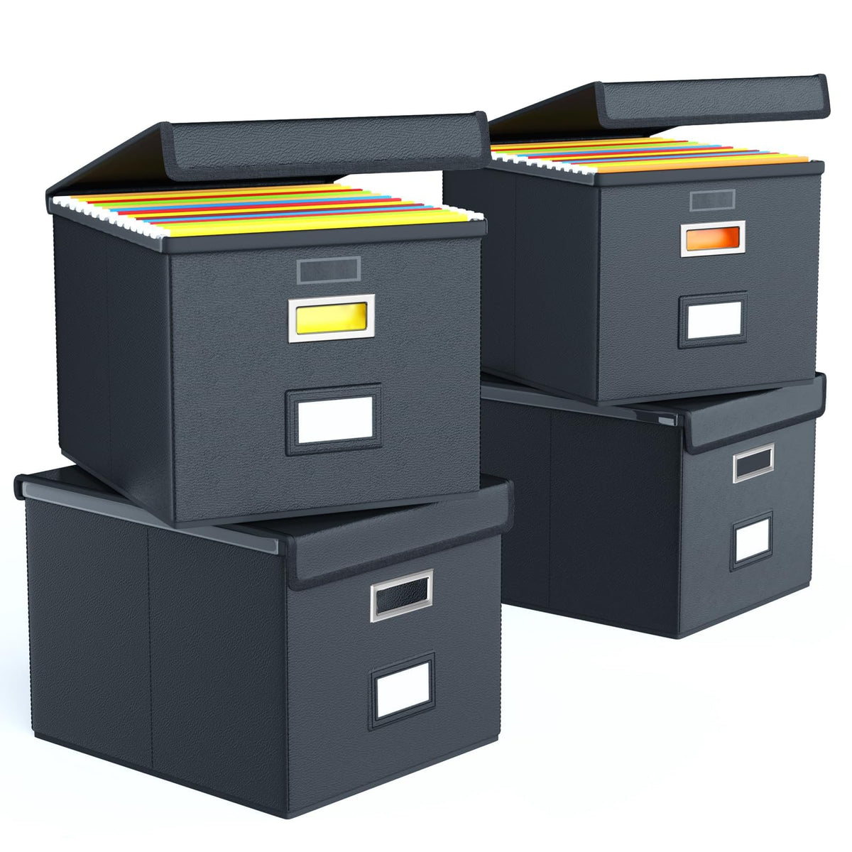 File Organizer Box with Lid, Collapsible Faux Leather Hanging File Folder Box Organizer with Plastic Slides, Decorative Home/Office Filing System Boxes for File and Folders Storage