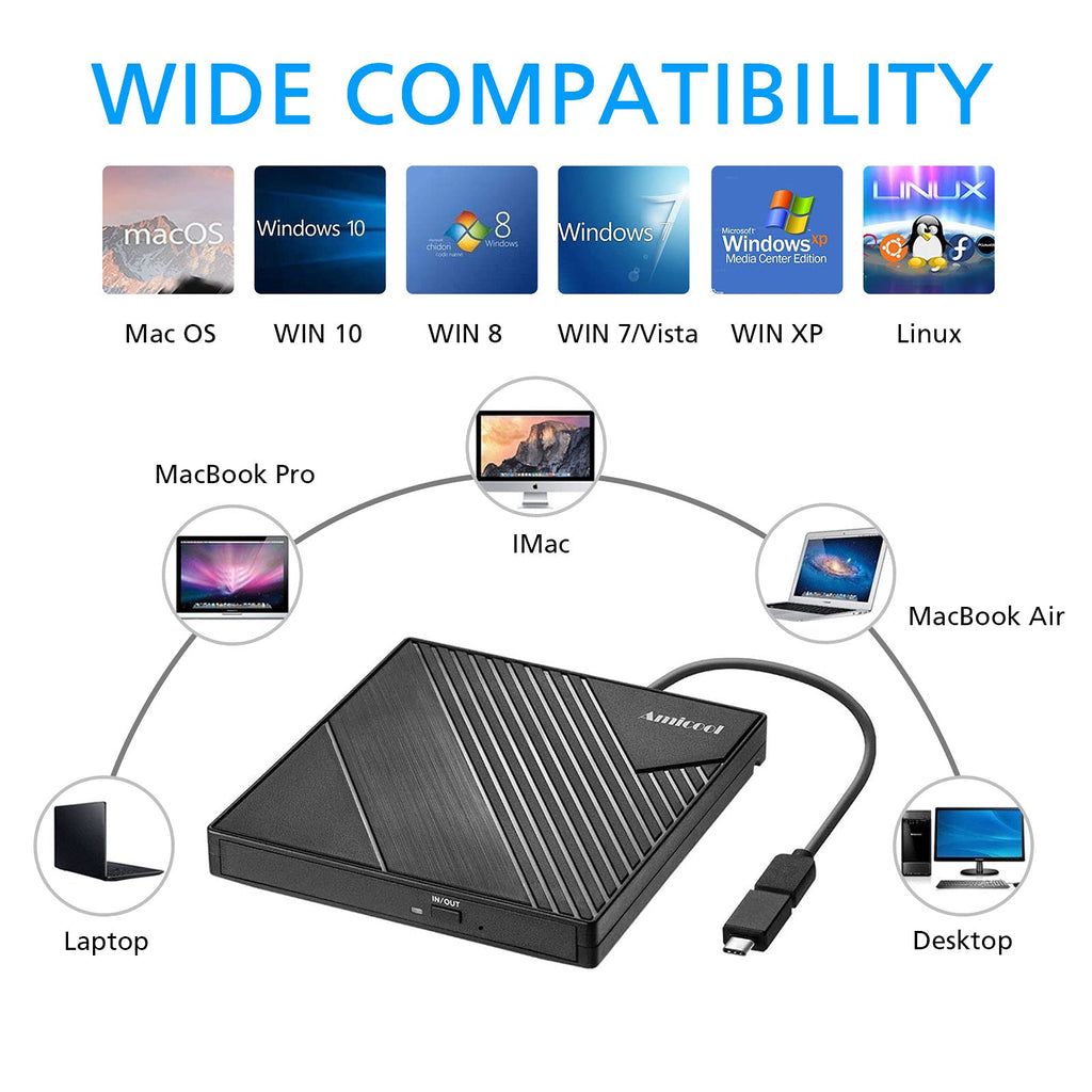 Amicool External USB-C USB 3.0 CD/DVD Drive Burner +/-RW, Ultra-Slim Portable DVD Player Writer Reader for Mac iMac MacBook, Windows 11/10/8 Linux, Laptop Desktop PC Computer Optical Drive