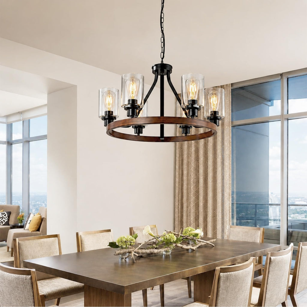 Lanhall 6-Light Modern Dining Room Light Fixture Brushed Nickel Kitchen Chandelier Ceiling Hanging Pendant Lighting with Glass Shade for Living Room Bedroom Entryway Adjustable Height Metal E26