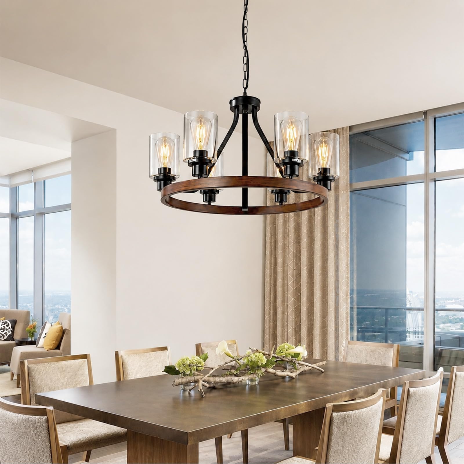 Lanhall 6-Light Modern Dining Room Light Fixture Brushed Nickel Kitchen Chandelier Ceiling Hanging Pendant Lighting with Glass Shade for Living Room Bedroom Entryway Adjustable Height Metal E26