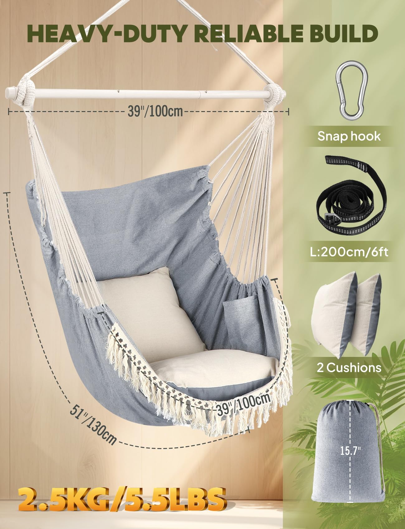 Chihee Hammock Chair Hanging Swing Max 500 Lbs 2 Cushions Included Metal Spreader Bar with Anti-Slip Grooves Portable Hanging Chair Side Pocket Large Macrame Bohemian Chair Indoor Outdoor | Hanging Swing with Anti-Slip Grooves Portable Hanging Chair Side