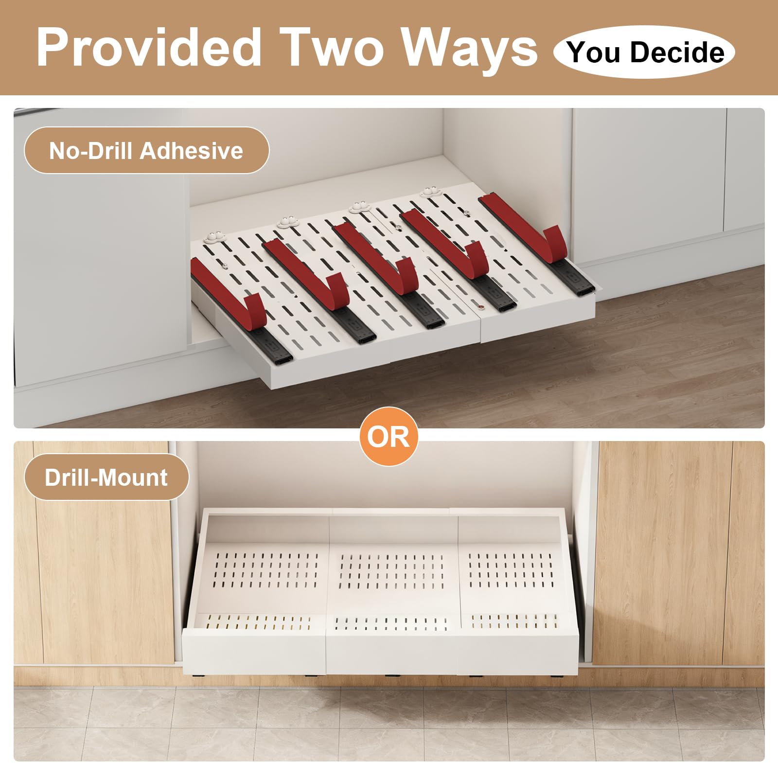 Pull out Cabinet Organizer,Width (11"-16") and Depth (17"-24") Expandable With 3 Rails,No Drill Adjustable Slide out Drawers for Kitchen,Pantry,Adhesive Roll out Shelves,for Cabinets without Lip,Black
