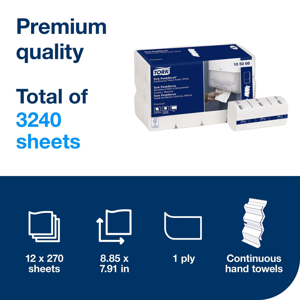 Tork PeakServe Continuous Paper Hand Towels White H5, Premium, Compressed, 12 x 270 sheets, 105066