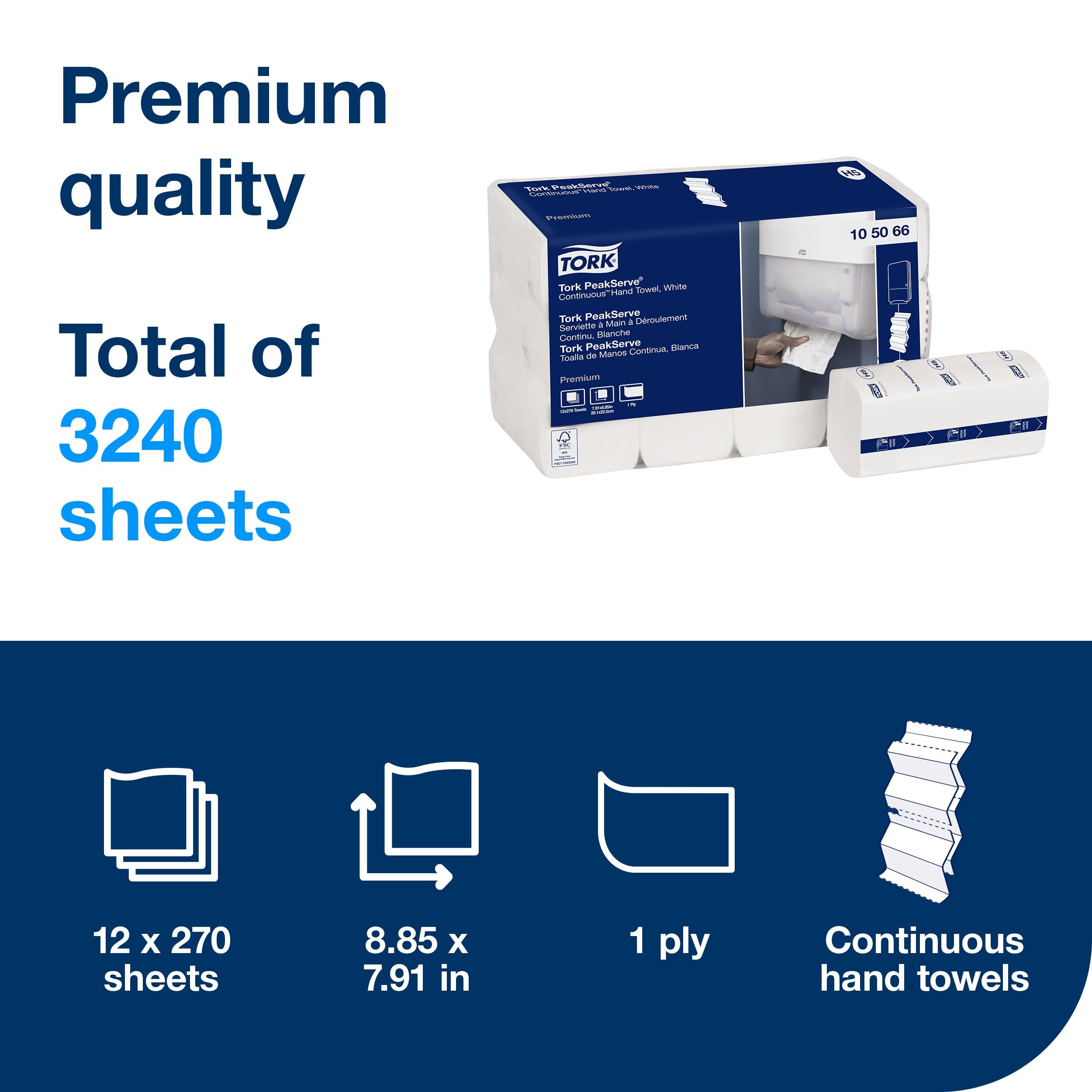 Tork PeakServe Continuous Paper Hand Towels White H5, Premium, Compressed, 12 x 270 sheets, 105066