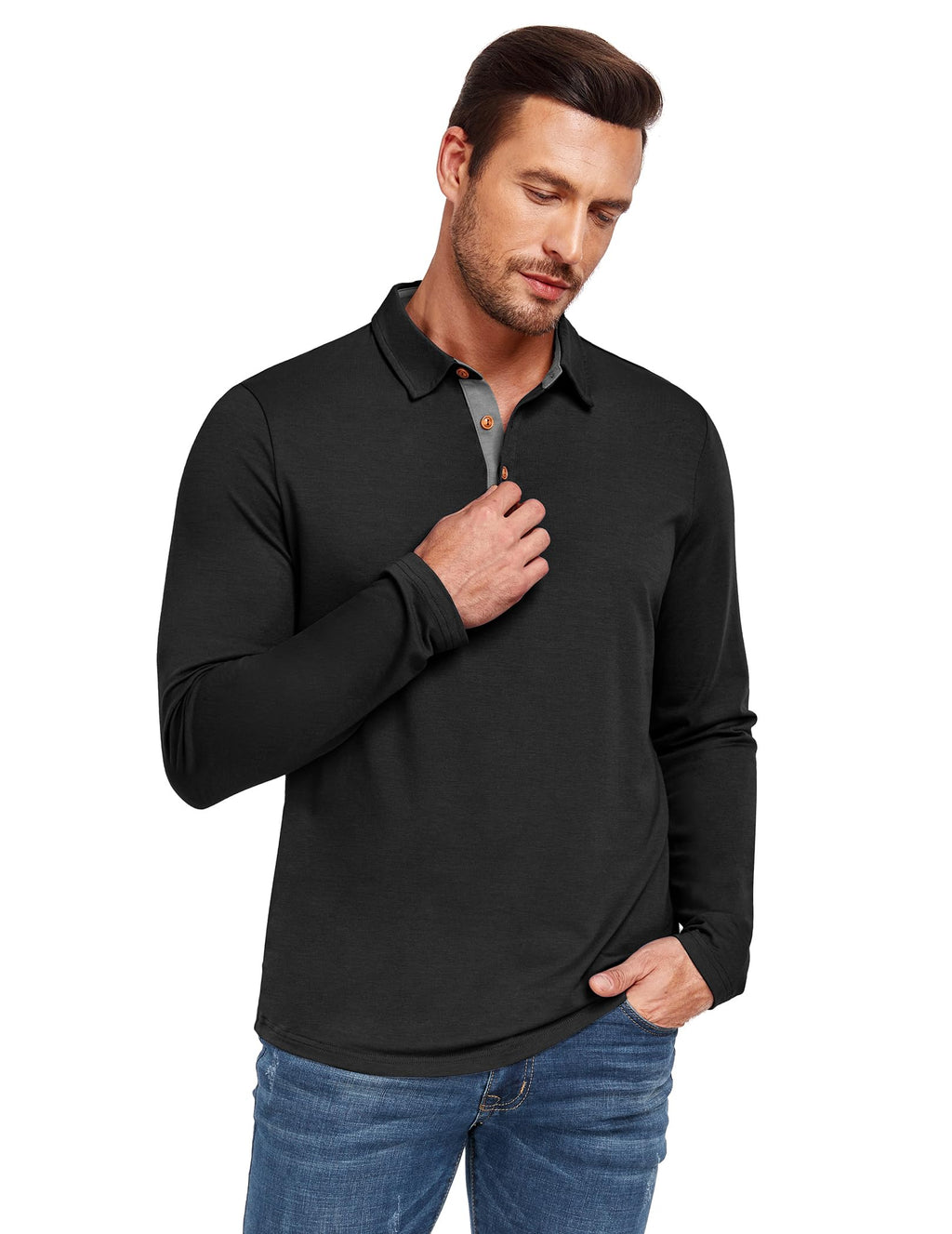 PEGENO Mens Polo Short/Long Sleeve Shirt Classic Button Basic Solid Color Designed Collared Polo Shirt Fashion Casual Shirts