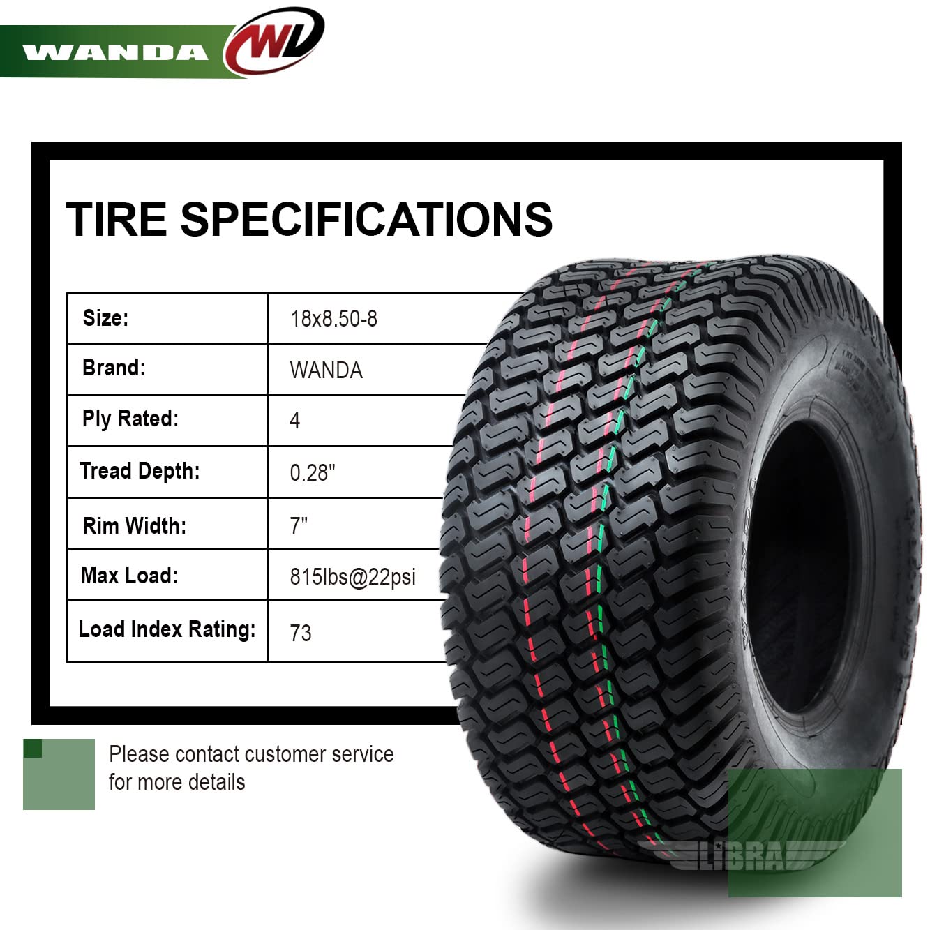 WANDA 11x4-5 Zero Turn Lawn Mower Utility Cart Turf Tire 11x4x5 11x4.00-5/4 Ply - 13204
