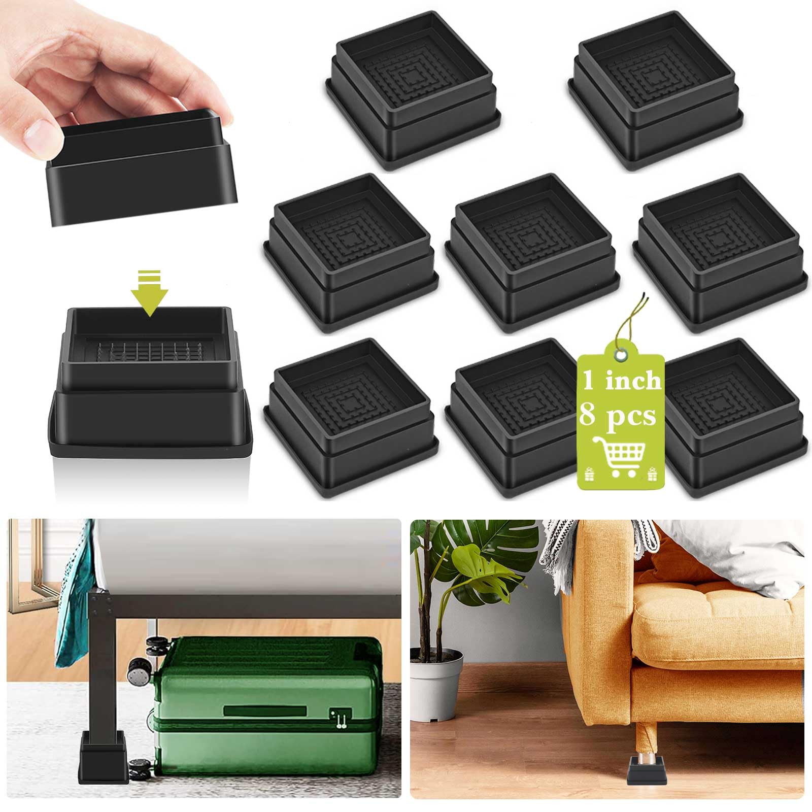 12 Pack Furniture Risers 1 Inch, Adjustable Bed Risers Heavy Duty for Table Desk Couch Chair Sofa Cabinet Bed Frame Dorm, Square Stackable Table Leg Risers Lift Height 1", 2" or 3", Black