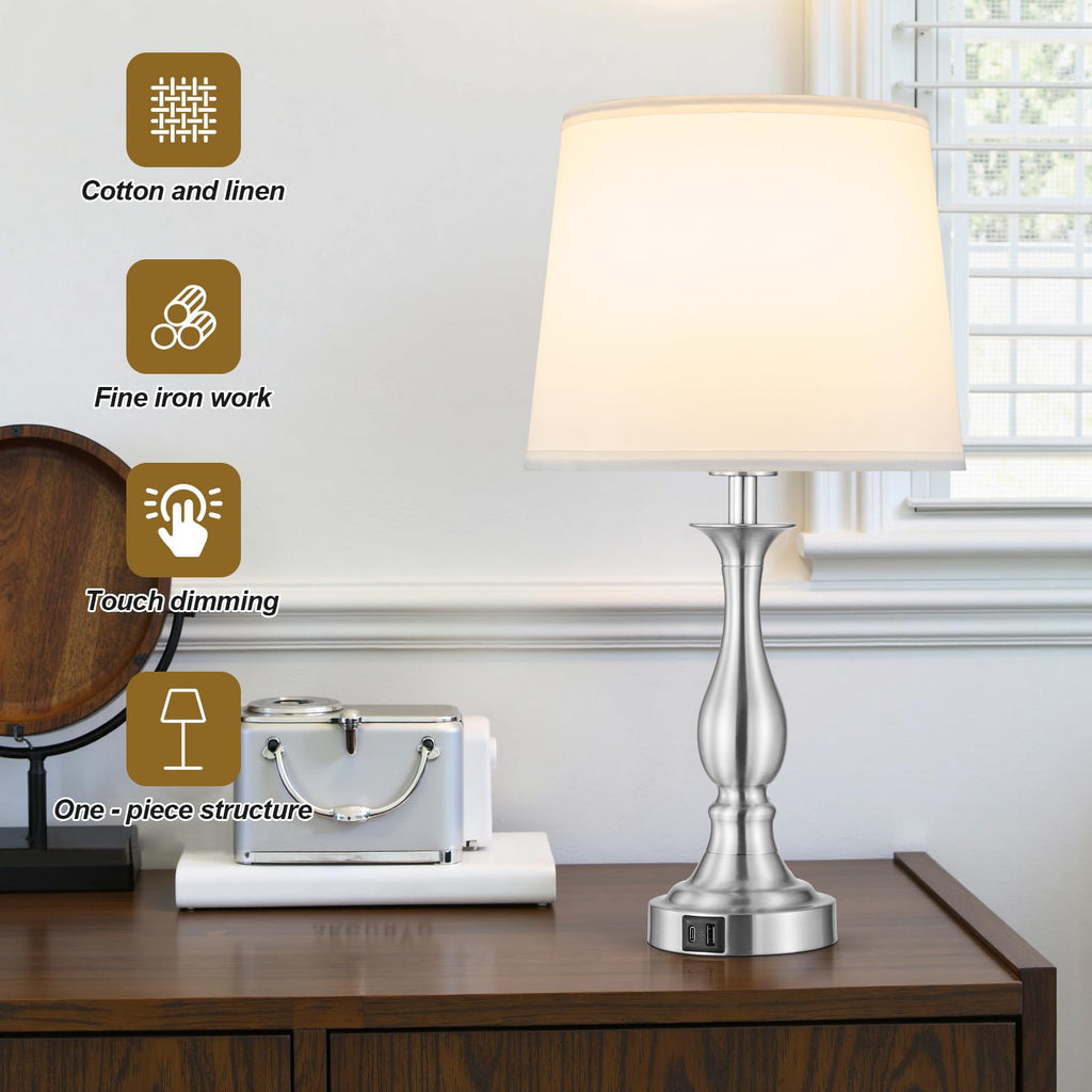 Bedside Table Lamp Touch Control Bedroom Lamps with USB A and C Charging Port 3 Way Dimmable Touch Lamps for Nightstand Living Room Bedroom Dorm Home Office Reading, Set of 2