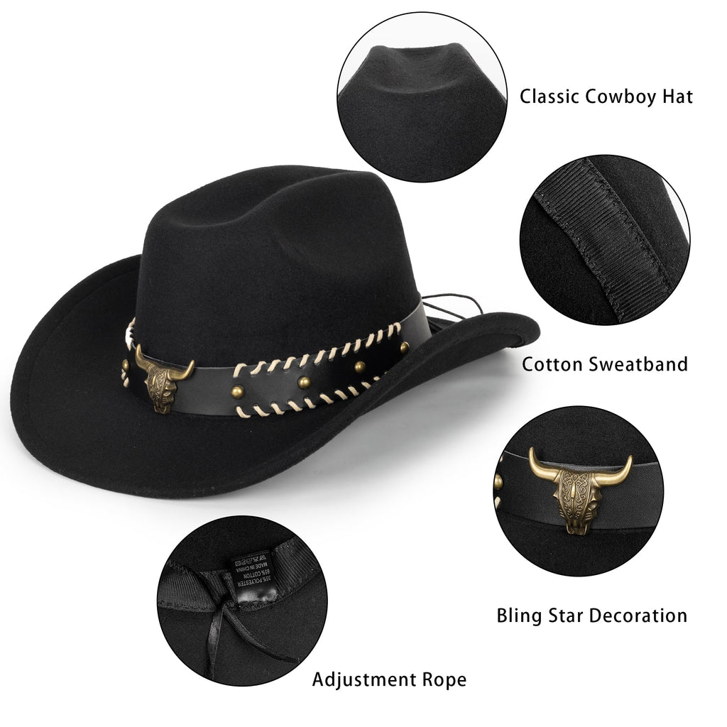 Eohak Womens Western Cowboy Hats Studded Pinched Western Cowgirl Hats Wide Brim Fedoras Hat with Belt Buckle (Size:Medium)