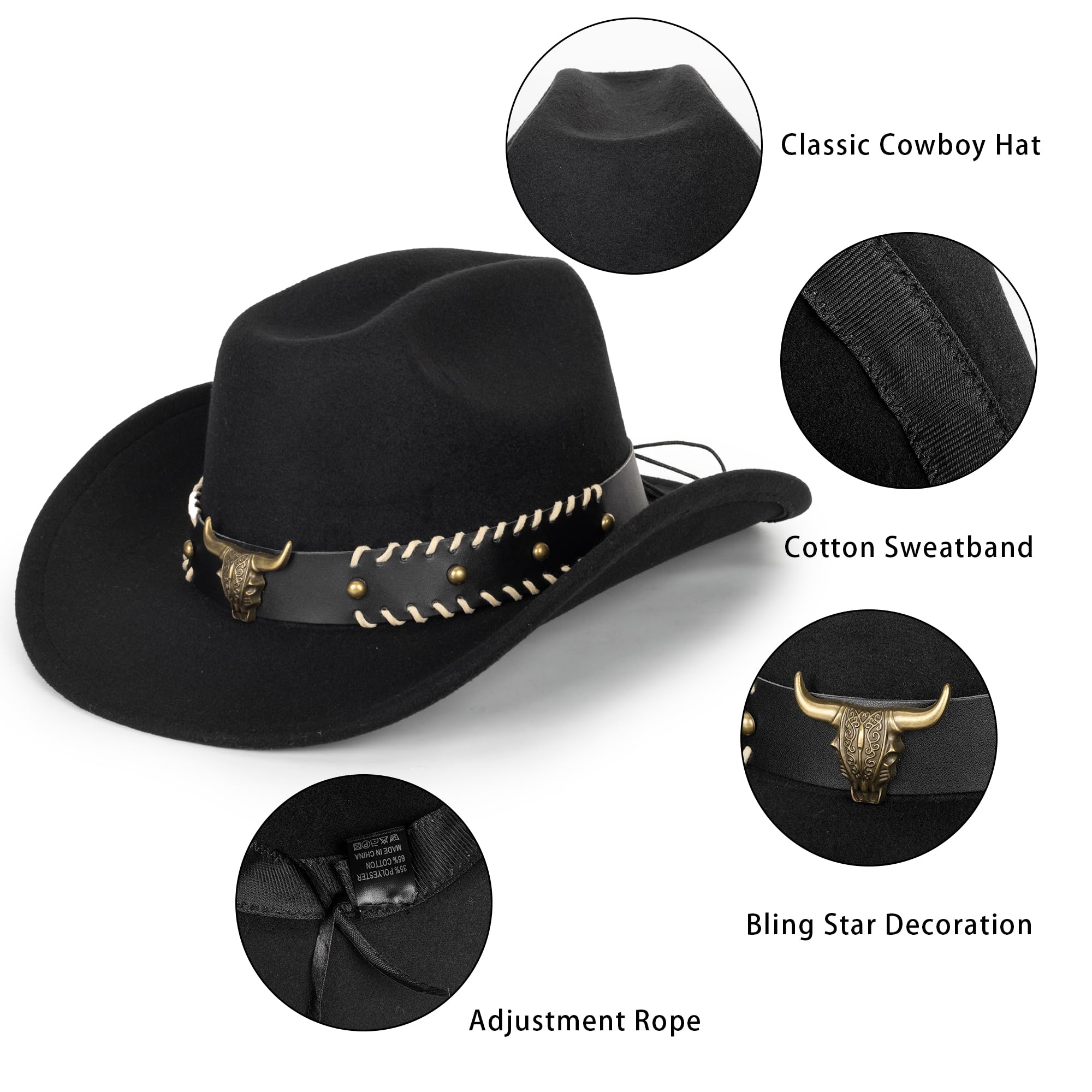Eohak Womens Western Cowboy Hats Studded Pinched Western Cowgirl Hats Wide Brim Fedoras Hat with Belt Buckle (Size:Medium)