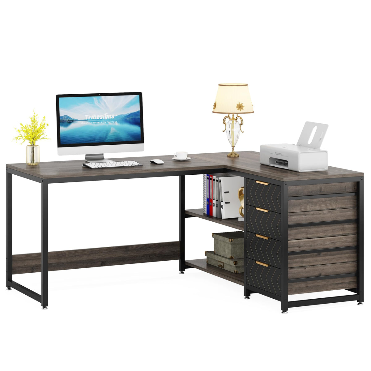 LITTLE TREE 59-Inch L Shaped Desk with Drawers, Large Computer Desk with Storage Shelves, Reversible L-Shaped Corner Desk Workstation for Home Office