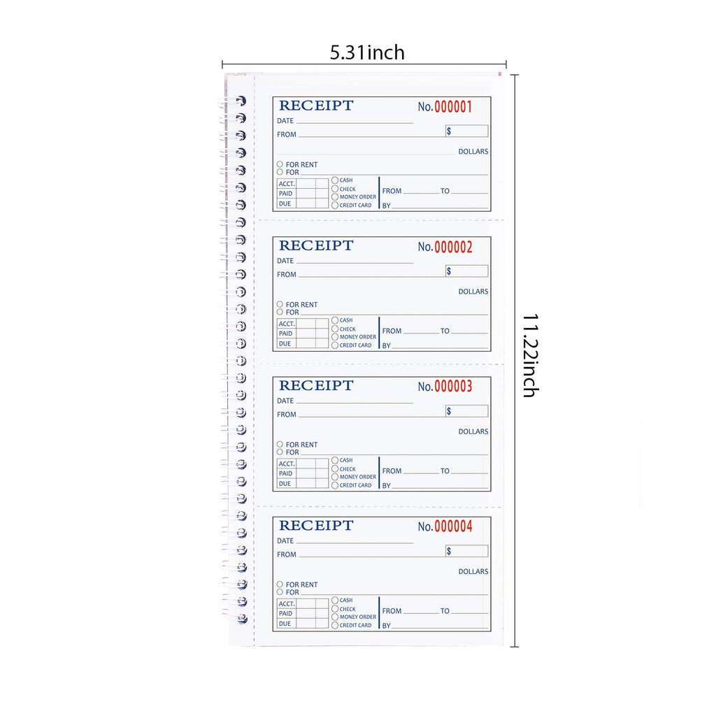 Large Money and Rent Receipt Book with Cardboard Insert,2-Part Carbonless,7.9”x11.2” Spiral Bound,200 Sets per Book,4 Receipts per Page for Office Supplier,Rent and Cash Transaction