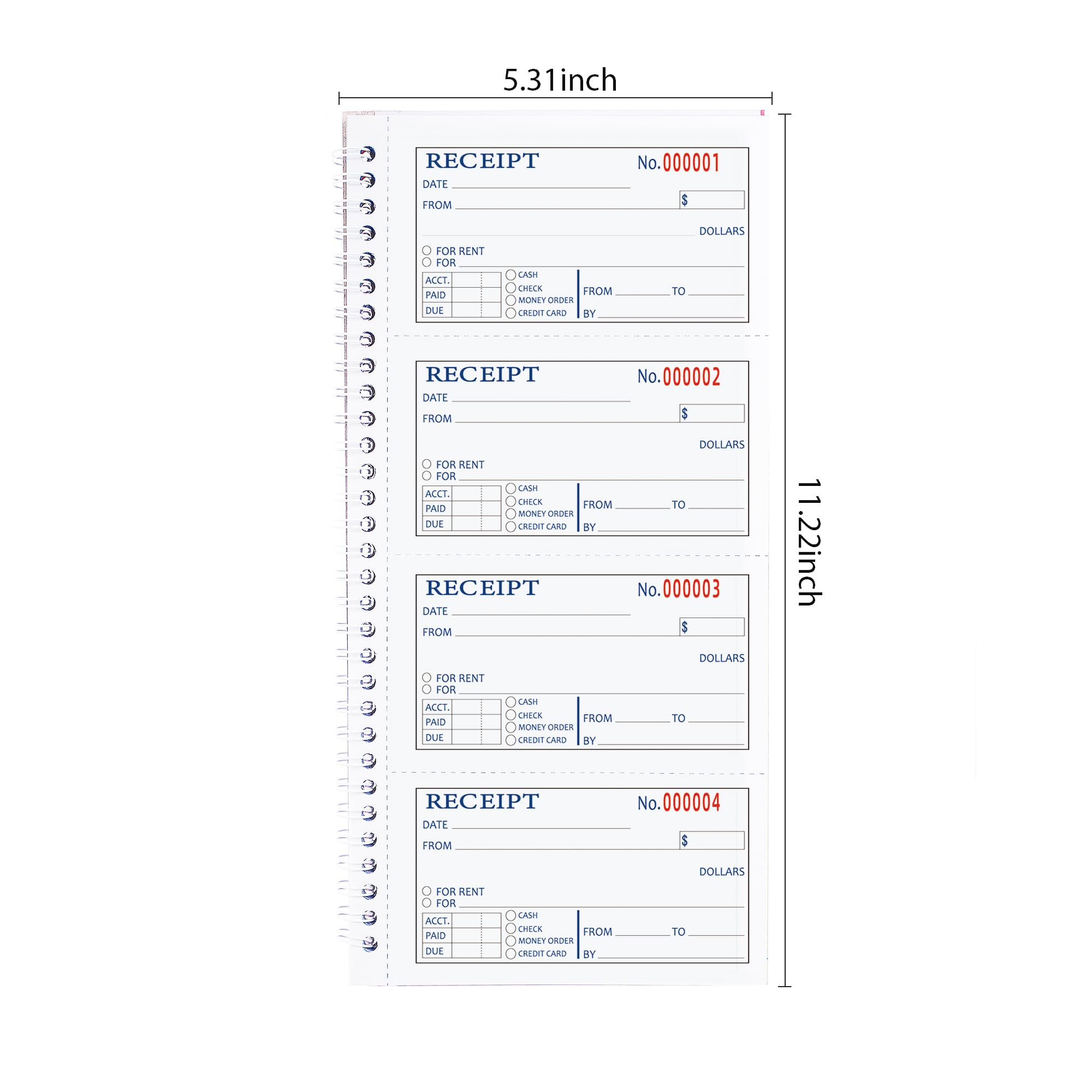 Large Money and Rent Receipt Book with Cardboard Insert,2-Part Carbonless,7.9”x11.2” Spiral Bound,200 Sets per Book,4 Receipts per Page for Office Supplier,Rent and Cash Transaction