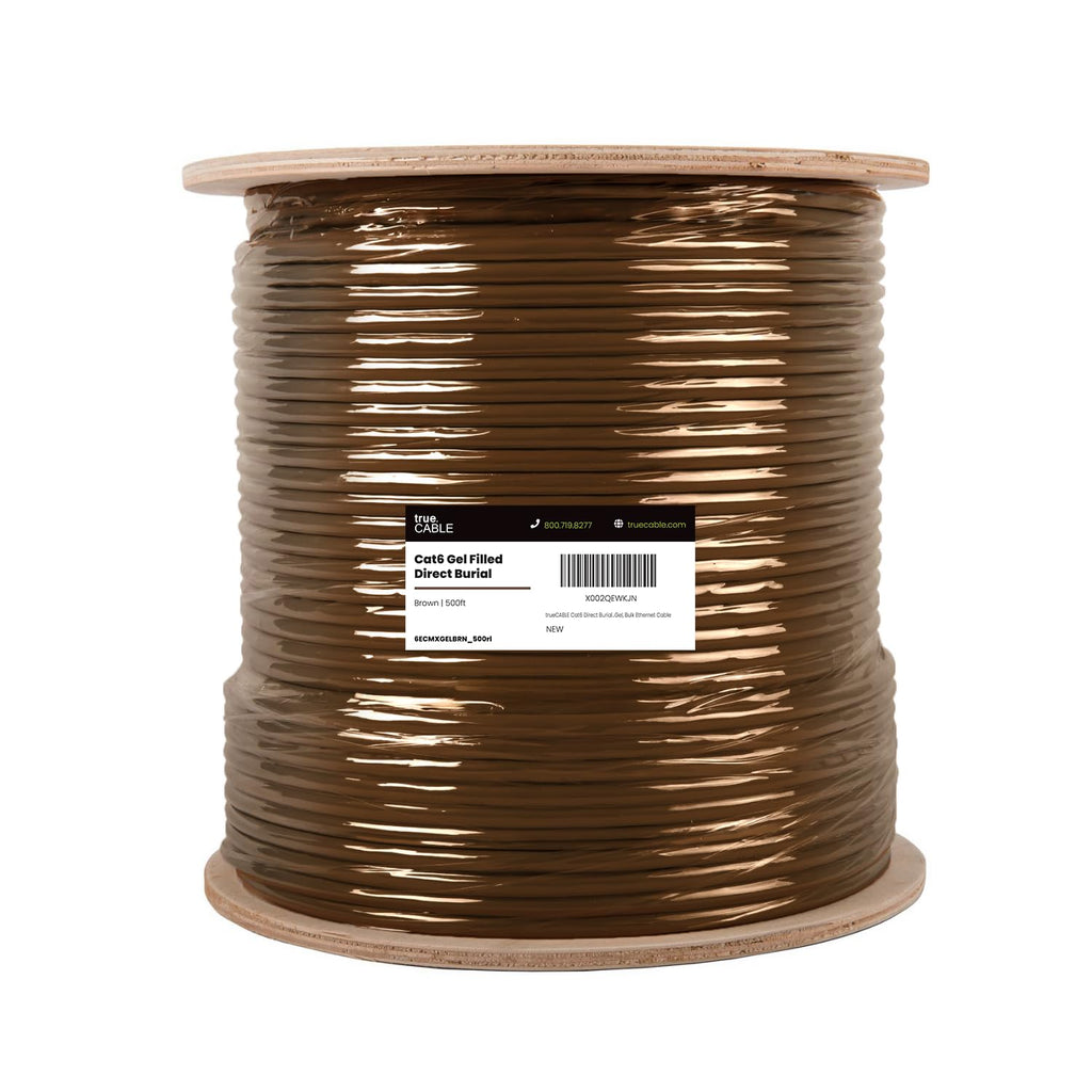 TRUE CABLE Cat6 Direct Burial Bulk Ethernet, Gel Filled, Unshielded, 500ft, Black, Outdoor OSP Jacket, Waterproof, UV Resistant, 23AWG Solid Bare Copper, 550MHz, PoE++ (4PPoE)