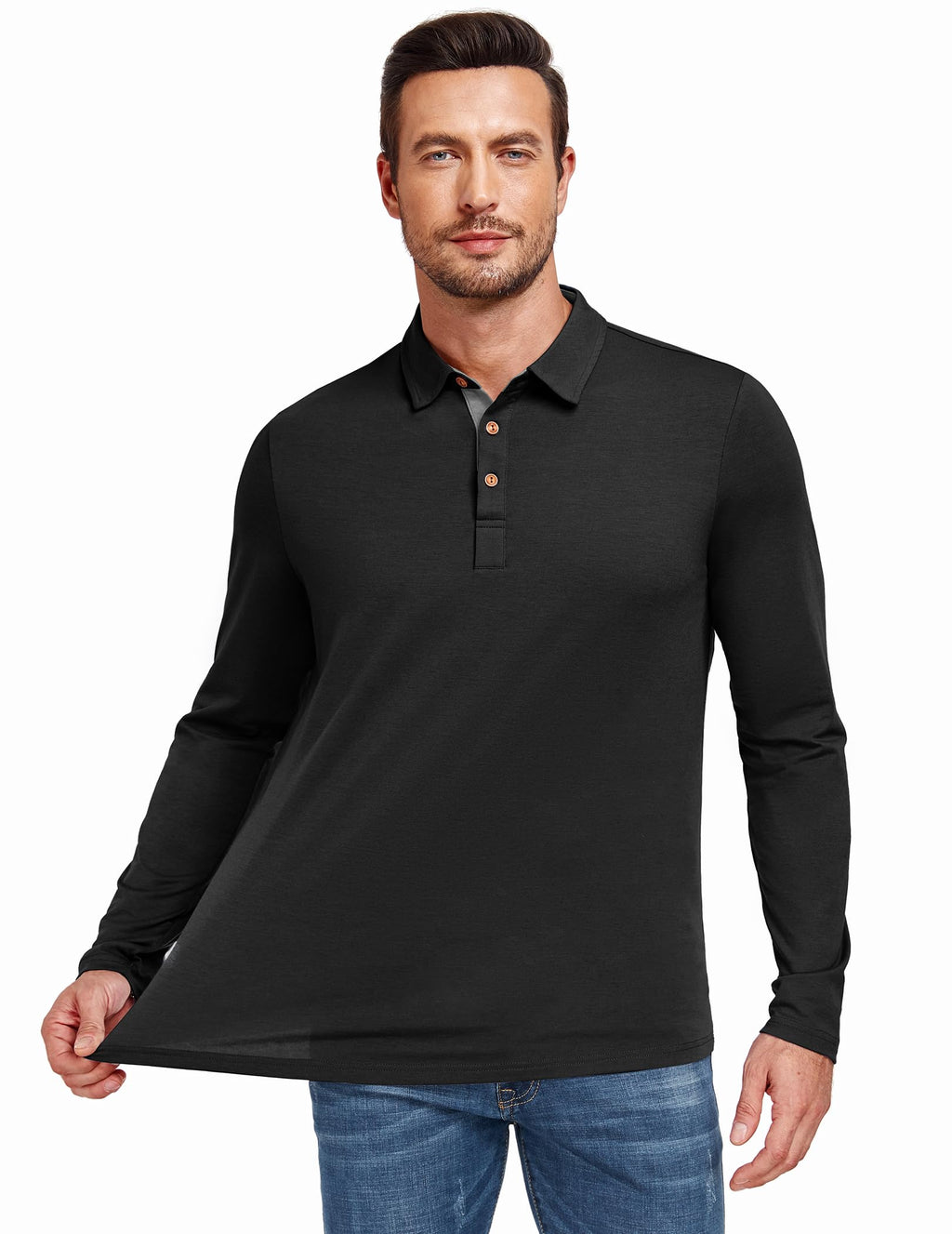 PEGENO Mens Polo Short/Long Sleeve Shirt Classic Button Basic Solid Color Designed Collared Polo Shirt Fashion Casual Shirts