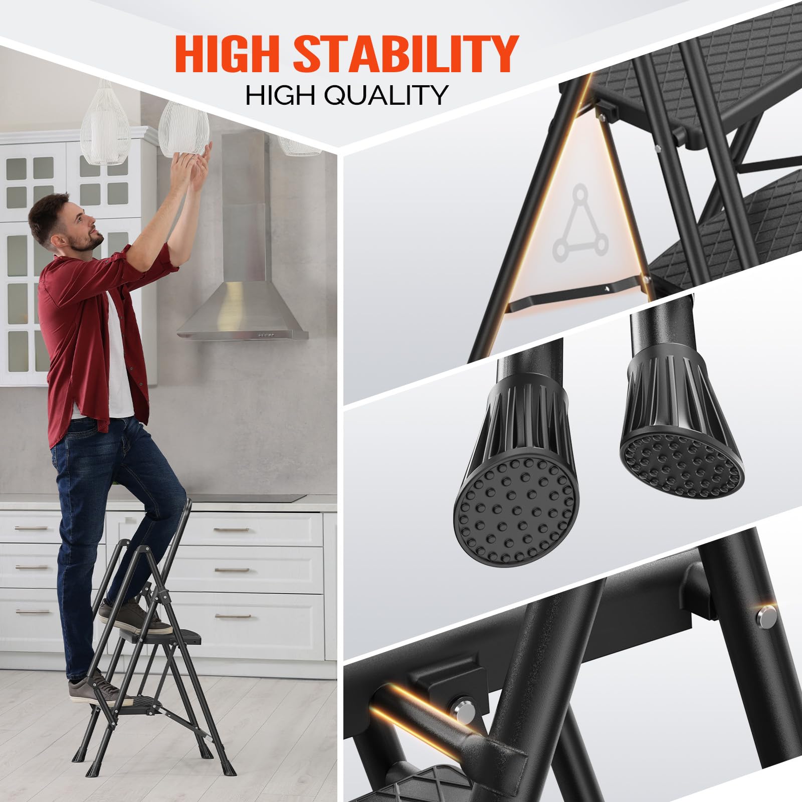 LUISLADDERS 3 Step Ladder with Handrails, Folding Step Stool with Widened Anti-Slip Pedal, 500lbs Lightweight Step Ladder 3 Step Folding, Multi-use for Home Kitchen Pantry Office, Black