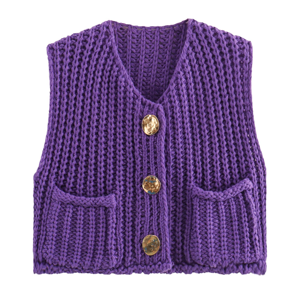 KEOMUD Women's Sleeveless Cropped Knit Cardigan Casual Button Down Crochet Sweater Vest Tops with Pockets
