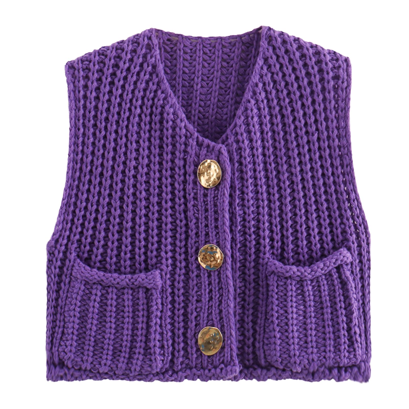 KEOMUD Women's Sleeveless Cropped Knit Cardigan Casual Button Down Crochet Sweater Vest Tops with Pockets