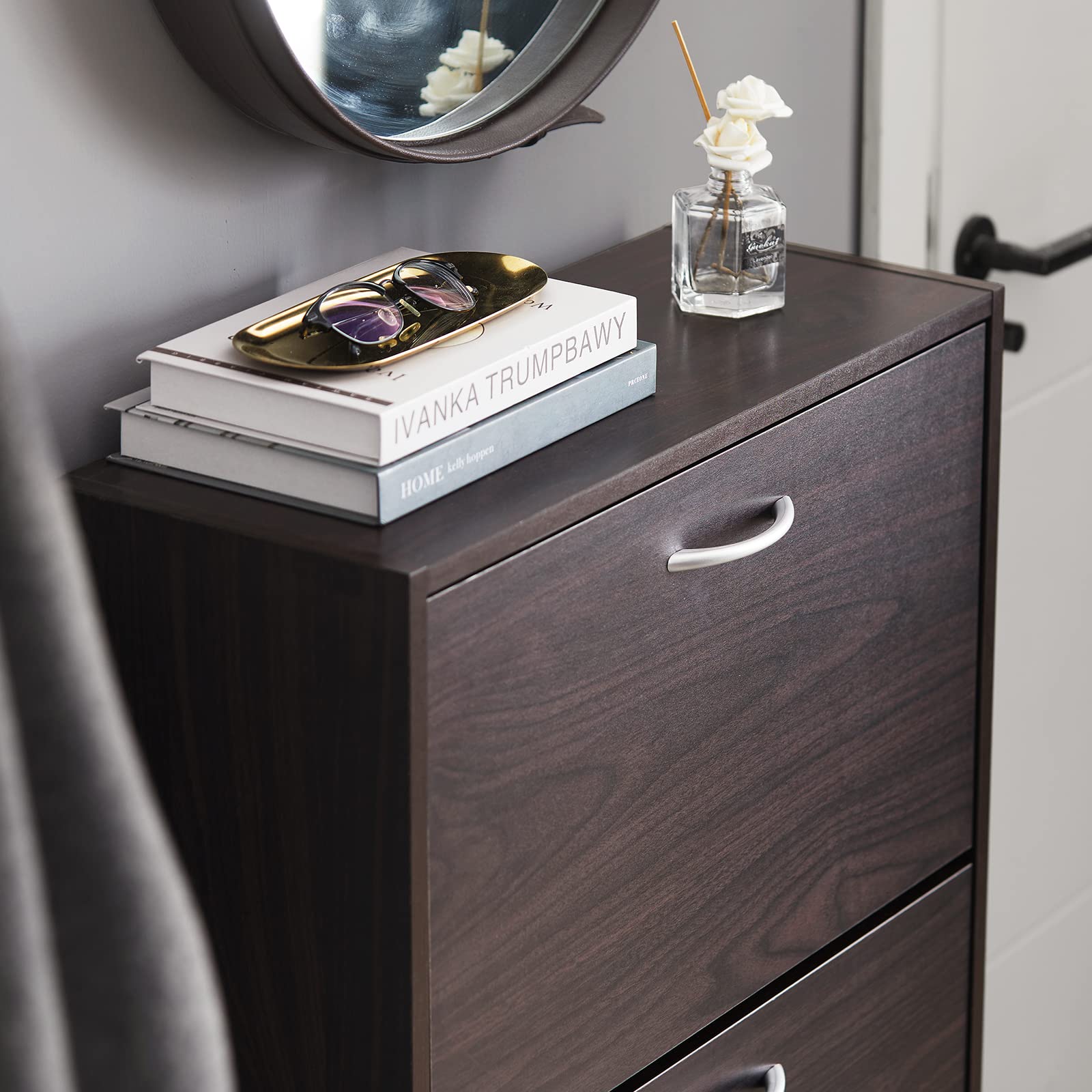 Haotian Shoe Cabinet Storage for Entryway, Narrow Shoe Cabinet with Two Flip Drawers to Save Space, Shoe Rack Cabinet for Front Door Entrance Hallway (Black)