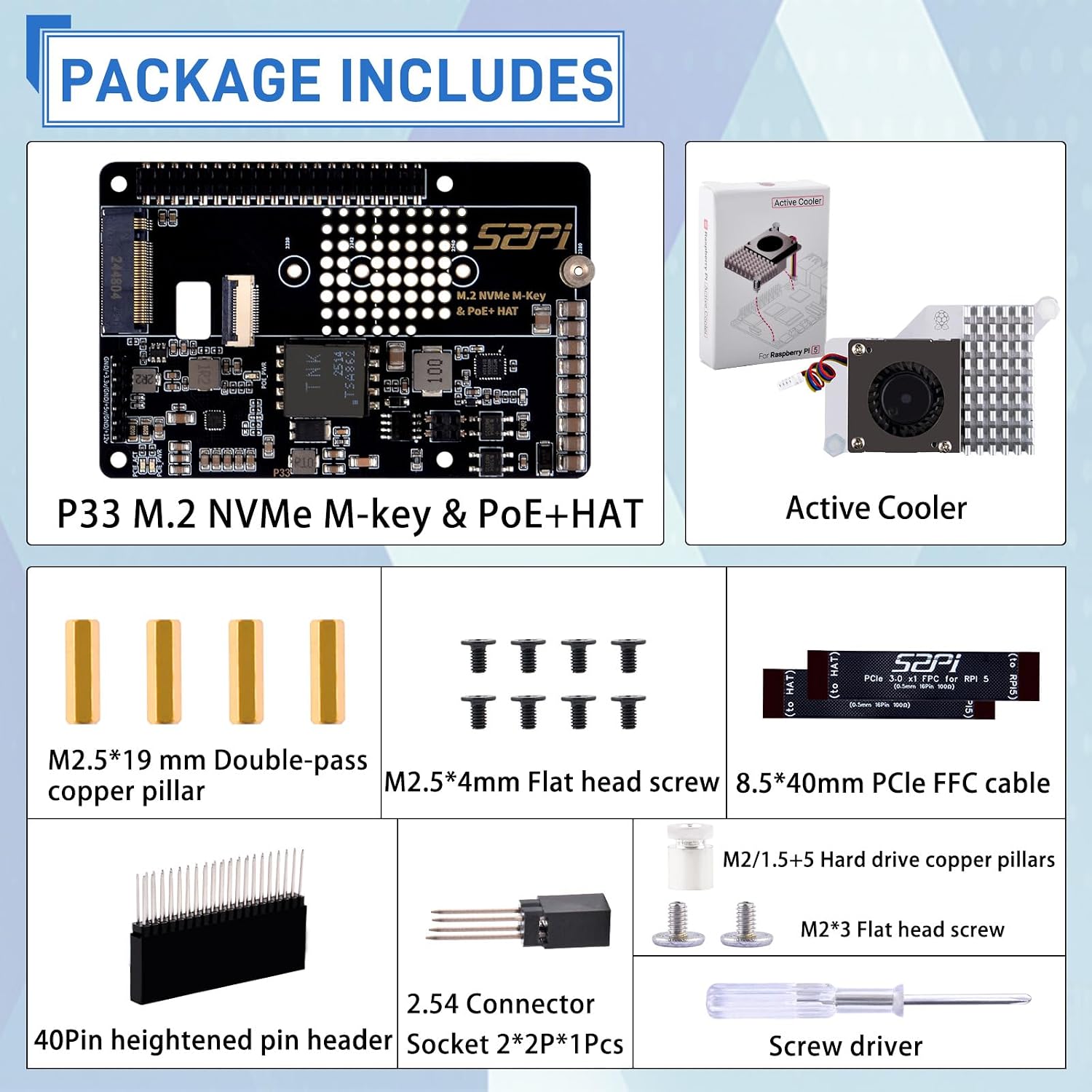 GeeekPi P33 M.2 NVME M-Key PoE+ Hat with Official Pi 5 Active Cooler for Raspberry Pi 5, Support M.2 NVMe SSDs 2230/2242/2260/2280