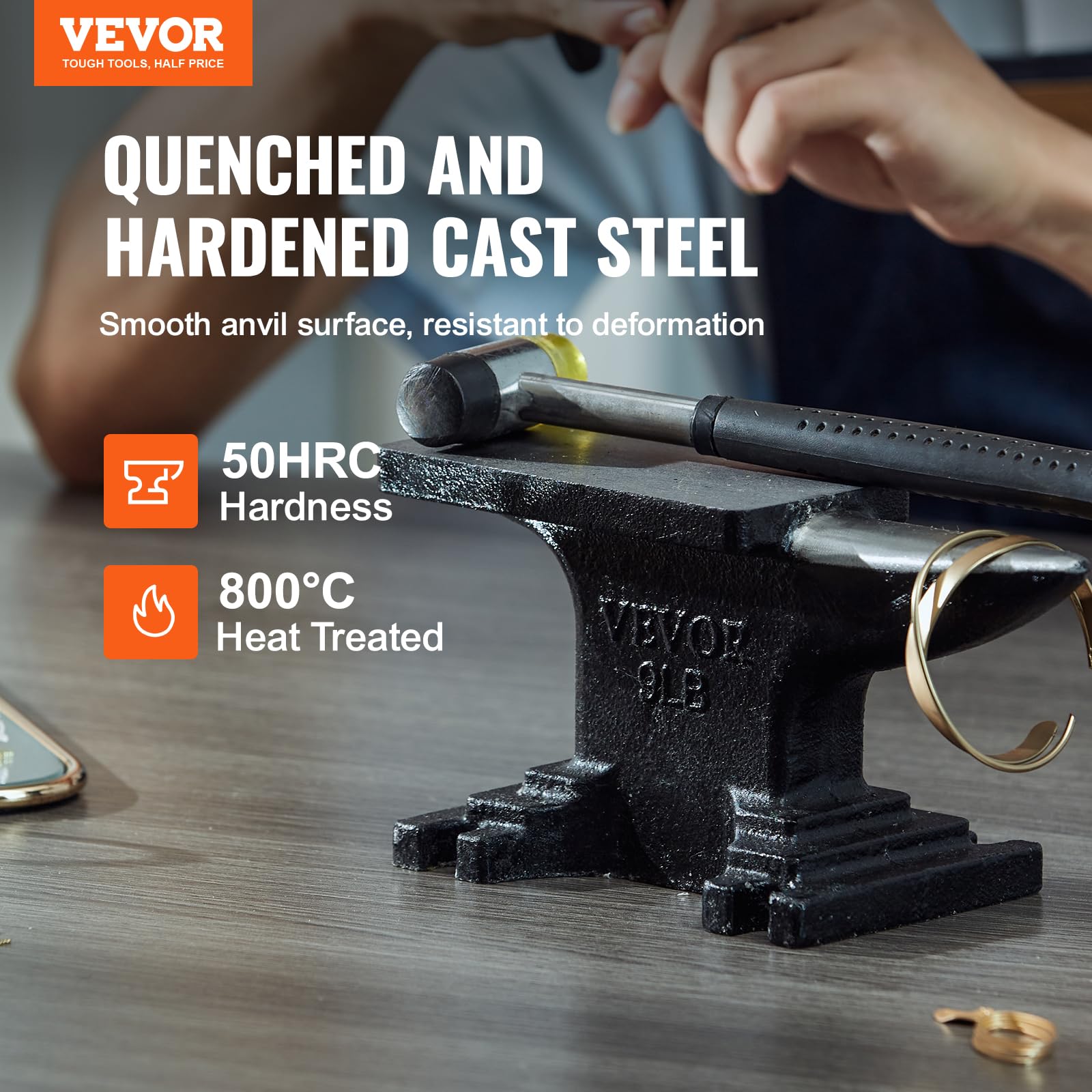 VEVOR Single Horn Anvil, 9 Lbs Cast Steel Anvil, High Hardness Rugged Round Horn Anvil Blacksmith, Compact Design and Stable Base, Forge Tools and Equipment, Metalsmith Tool for Bending and Shaping