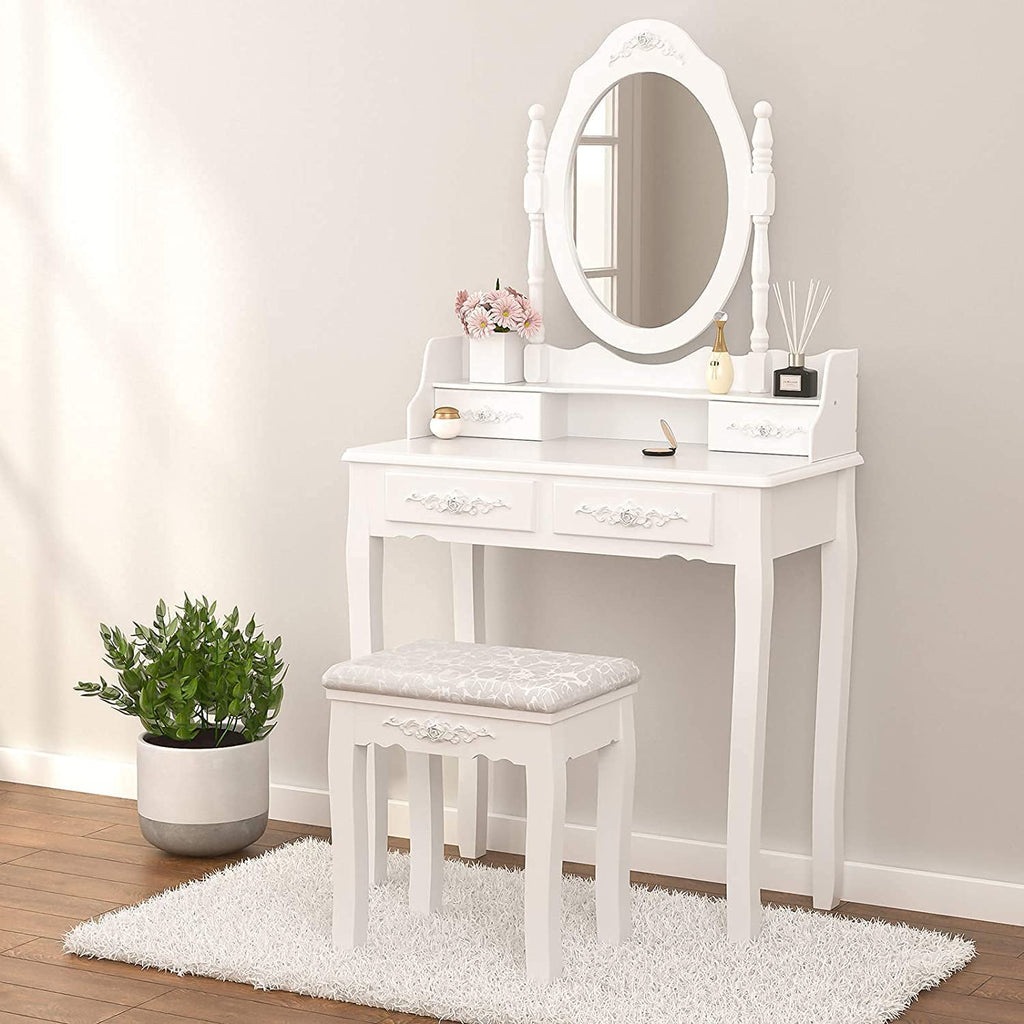 Alohappy Vanity Desk Set with Mirror & Stool for Girls, Makeup Vanity Table and Cushioned Stool Set with 4 Drawers, Wood Dressing Table for Bedroom (Pink)
