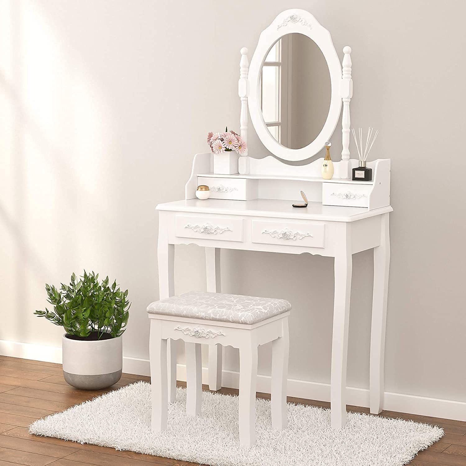 Alohappy Vanity Desk Set with Mirror & Stool for Girls, Makeup Vanity Table and Cushioned Stool Set with 4 Drawers, Wood Dressing Table for Bedroom (Pink)