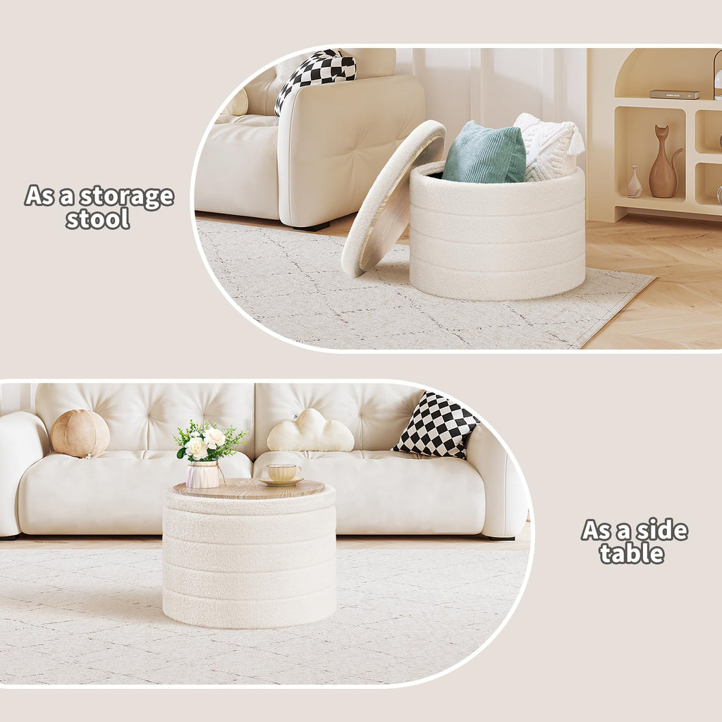 PINPLUS Round Storage Ottoman Foot Rest Stool with Tray Velvet Sherpa Folding Storage Ottoman,Boucle Foot Rest for Living Room, Bedroom, Dorm（Beige）