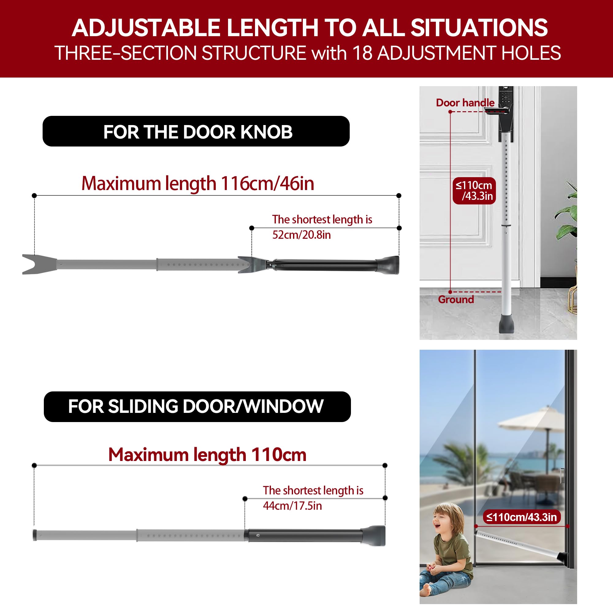 AceMining Upgraded Door Security Bar & Sliding Patio Bar, Heavy Duty Stoppers Adjustable Jammer for Home, Apartment, Travel (1 Pack,Grey)