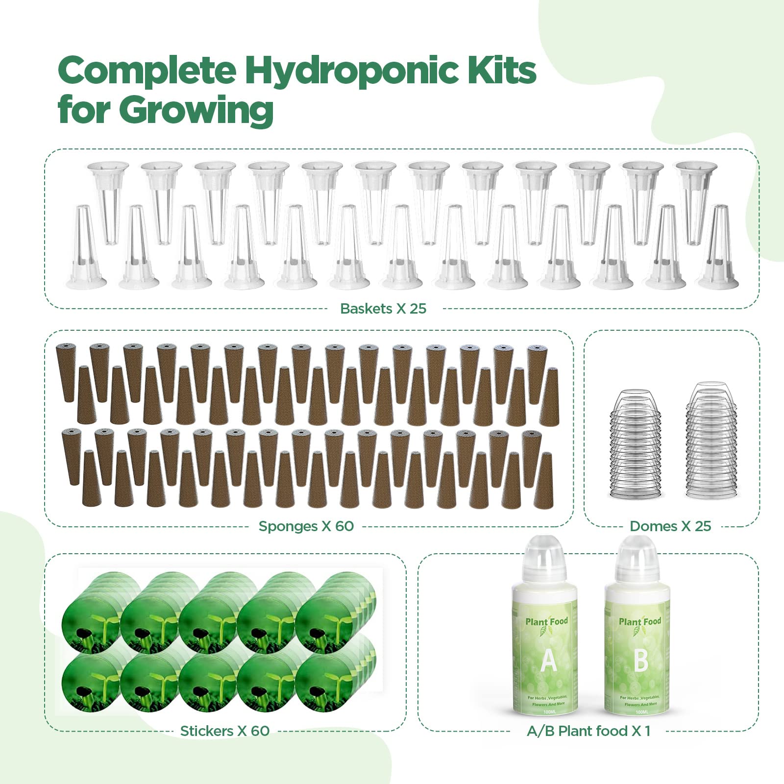 LETPOT 77 Pcs Seed Pod Kits, Square Grow Anything Kit for Hydroponics, with 2 A&B Nutrient Plant Foods and 30 Sponges, 5 Domes, 10 Baskets, 30 Stickers, Compatible Mini and Other Brand