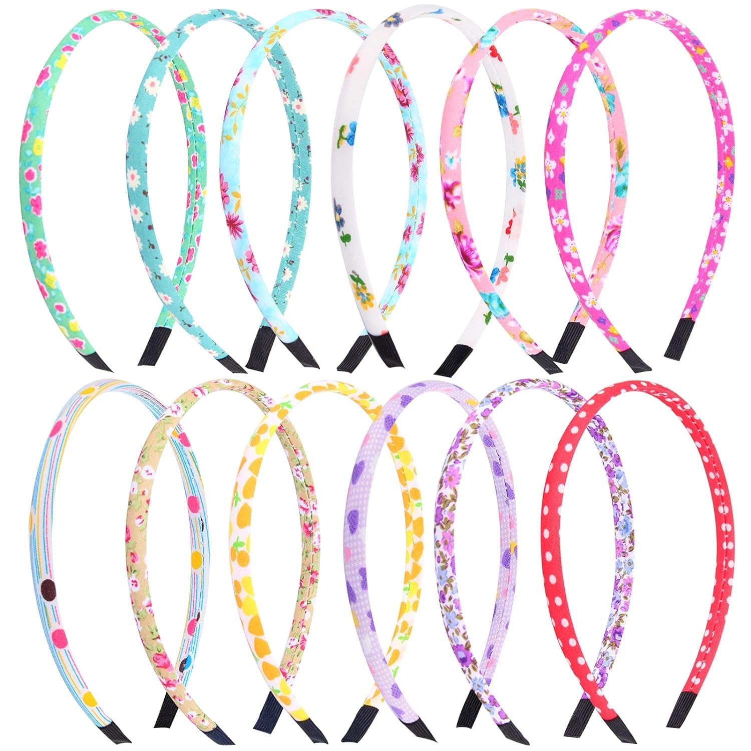 Fishdown Headbands for Girls 12Pcs Thin Head Bands for Girls Hairbands for Toddler Floral Cloth Fabric Covered Headband Birthday Party Favors