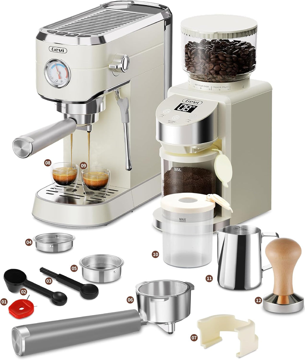 Gevi 20 Bar Espresso Coffee Machine with Burr Grinder Set | 35 Precise Grind Settings | Milk Frother for Latte Cappuccino | Professional Home Barista Kit | Gift for Coffee Lovers
