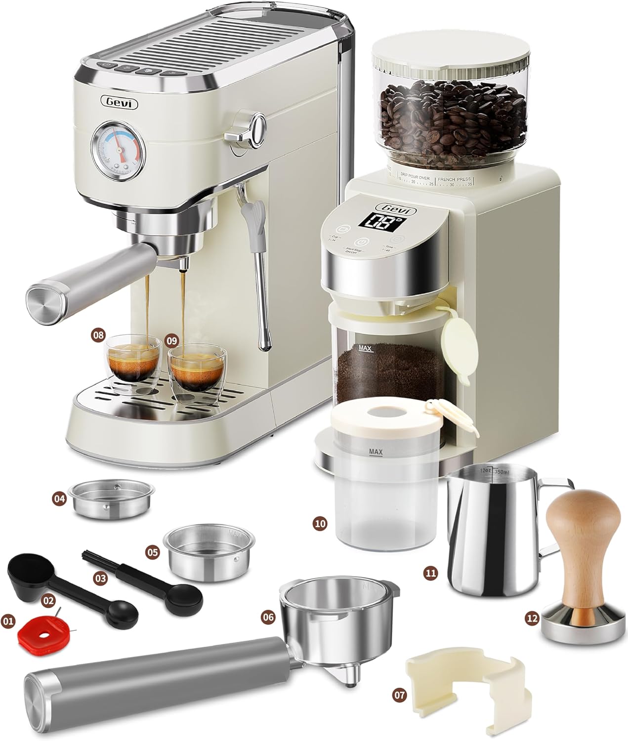 Gevi 20 Bar Espresso Coffee Machine with Burr Grinder Set | 35 Precise Grind Settings | Milk Frother for Latte Cappuccino | Professional Home Barista Kit | Gift for Coffee Lovers