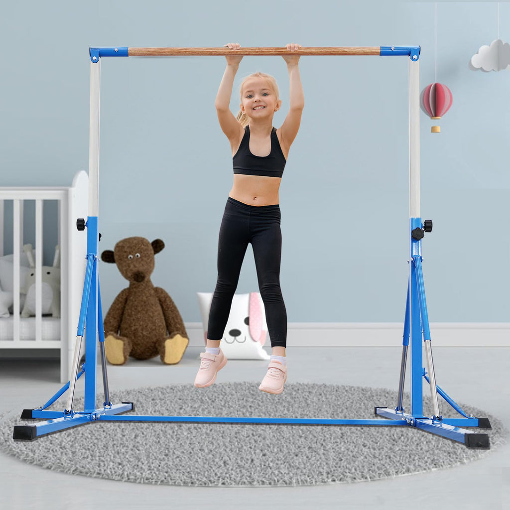 FC FUNCHEER Gymnastics Bar for Kids Ages 3-15, 35" to 60" Adjustable Height, 4FT Wide Base - Professional Kip Bar with 360° Stability & Fiberglass Crossbar, Easy Fold&Solid Design for Home Training