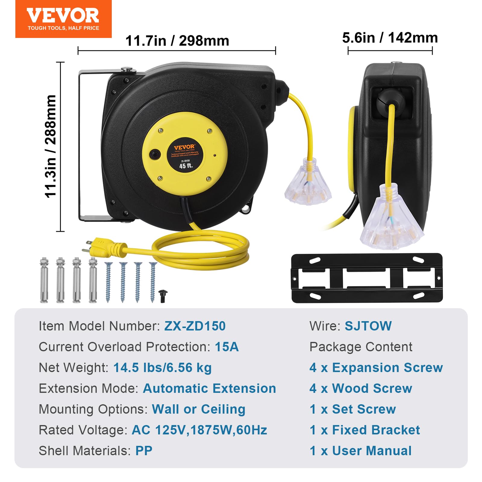 VEVOR Retractable Extension Cord Reel, 30 FT, Heavy Duty 16AWG/3C SJTOW Retractable Power Cord Reel with Lighted Triple Tap Outlet 10 Amp Circuit Breaker 4.5FT Lead-in Cord, for Ceiling or Wall Mount