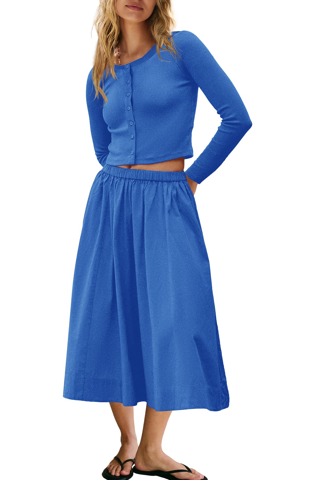 Panadila Womens 2 Piece Lounge Sets Matching Vacation Outfits Ribbed Button Down Cardigan and Elastic Waist Skirt Sets
