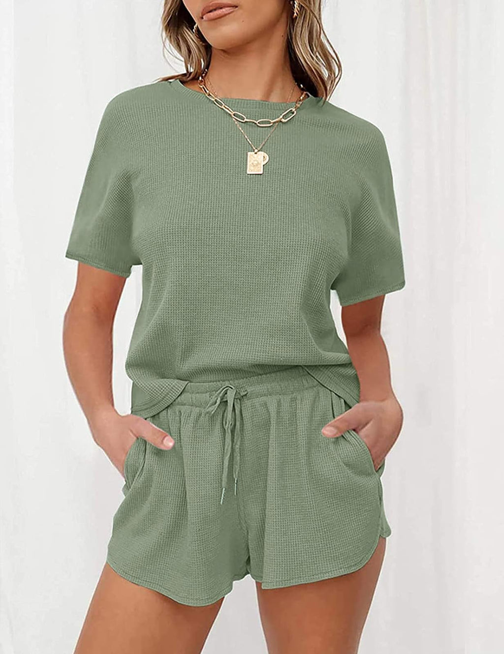 MEROKEETY Women's Short Sleeve Waffle Pajama Sets Lounge Top and Shorts 2 Piece Tracksuit Outfits
