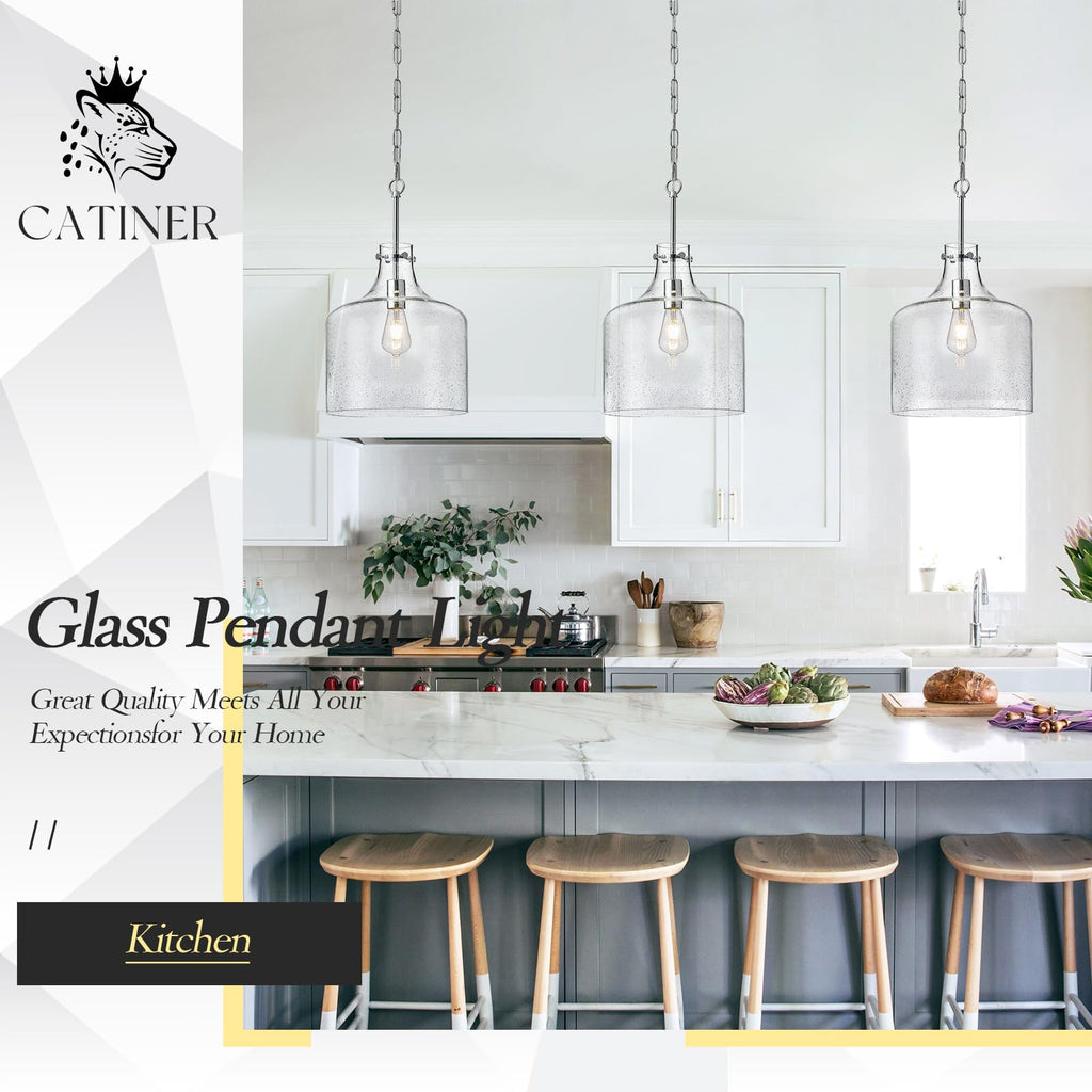 Glass Large Pendant Lights for Kitchen Island Blown Glass Pendant Light Clear Hammered Shade Hanging Ceiling Lights with Black Finish for for Kitchen Island, Sink, Hallway, Living Room 11 inch